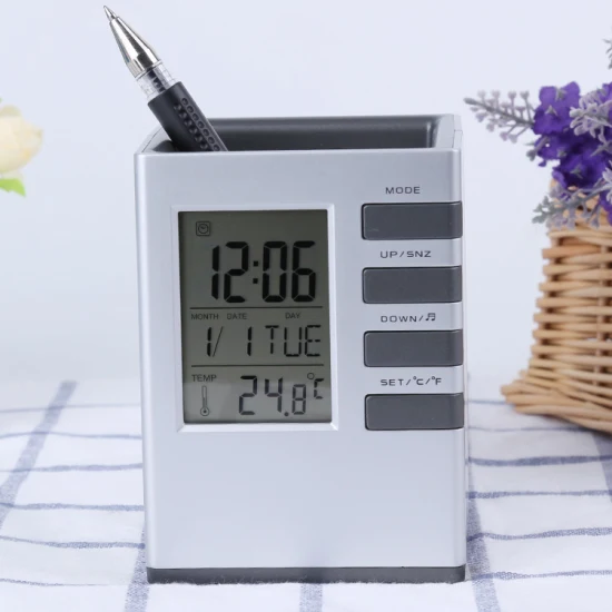 Multifunktionaler Uhr-Stifthalter, digitaler Wecker, Temperaturanzeige zum Verkauf