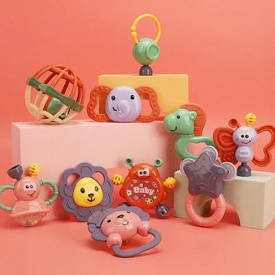 Niedliches neugeborenes Baby-Beißring-Spielzeug, Cartoon-Tierform, hängendes Babyspielzeug, Beißring-Handglocke für Baby